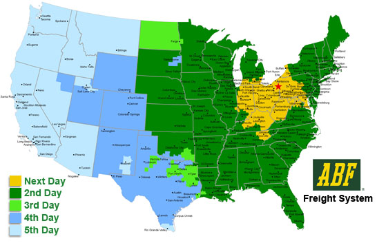 ABF Freight Time Estimate Map - Outbound View From Canfield, OH