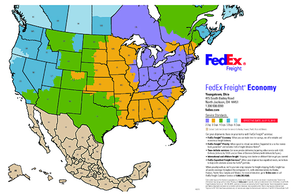 FedEx Freight Time Estimate Map - Outbound View From Canfield, OH