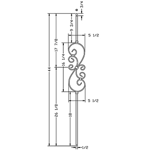 1/2&quot; L.J. Smith Hollow Iron Square Baluster, Large Scroll, Low Sheen Black LIH-HOL50144