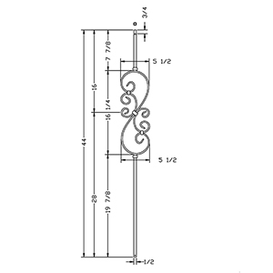 1/2&quot; L.J. Smith Hollow Iron Square Kneewall Baluster, Small Scroll, Low Sheen Black LIH-KW50144