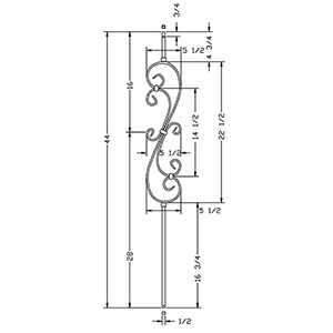1/2&quot; L.J. Smith Hollow Iron Square Kneewall Baluster, Skinny Scroll, Low Sheen Black LIH-KW60144