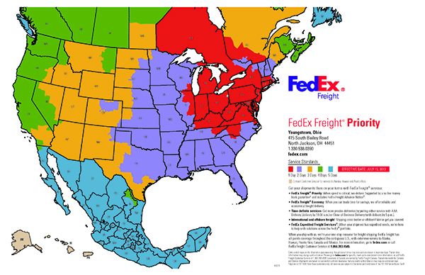 FedEx Freight Time Estimate Map - Outbound View From Canfield, OH